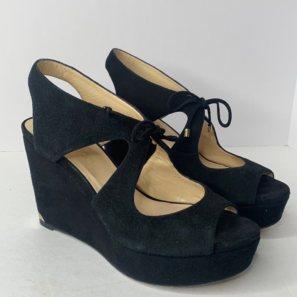 Jimmy Choo Nayeem black suede platform peep toe wedges